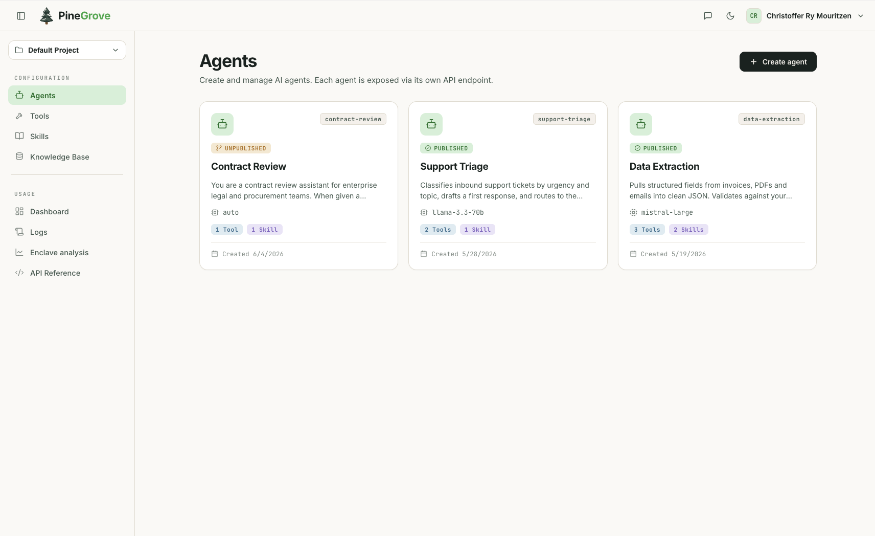 Agents — your AI agents, each exposed on its own API endpoint