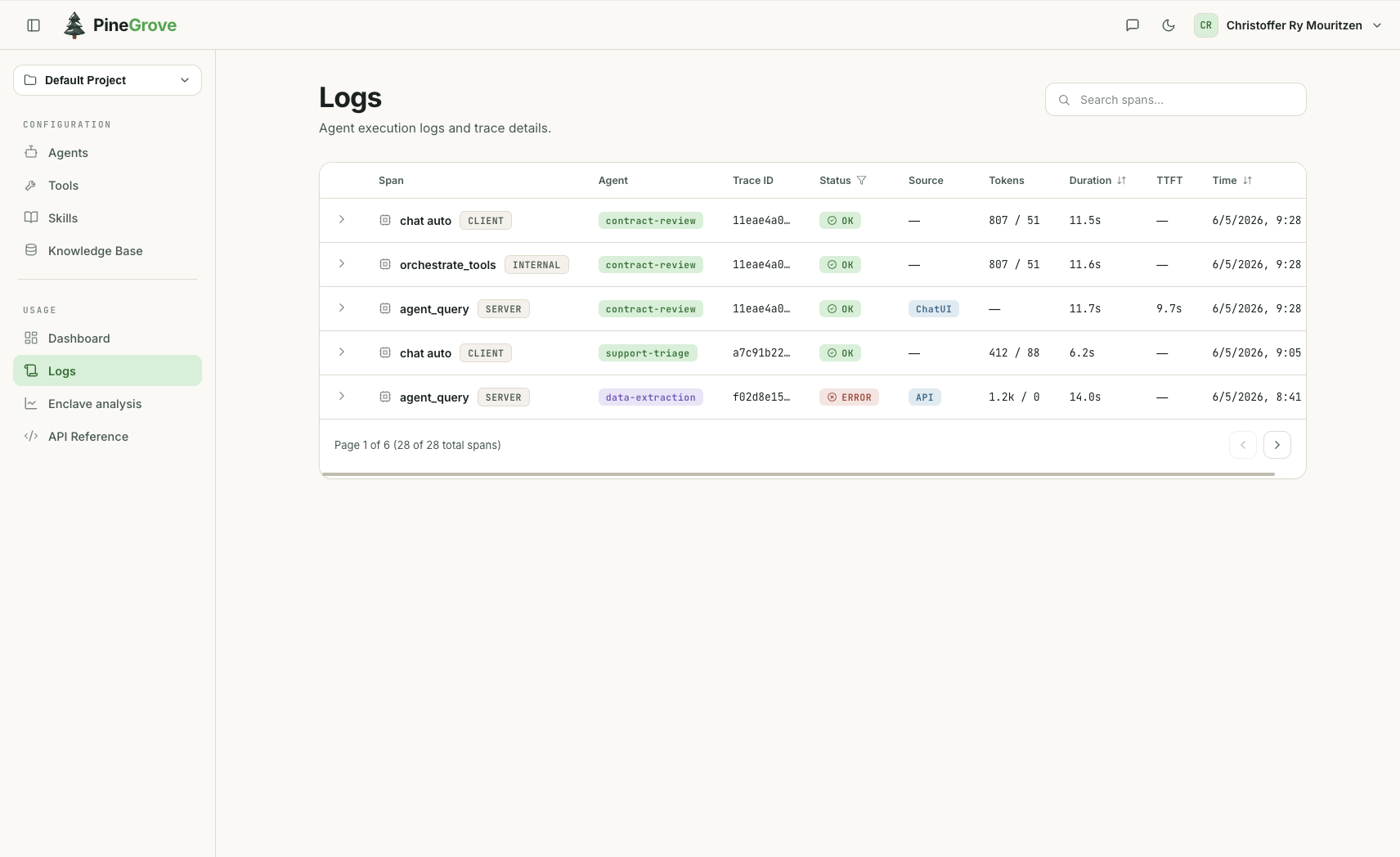 Logs — full execution history and trace details